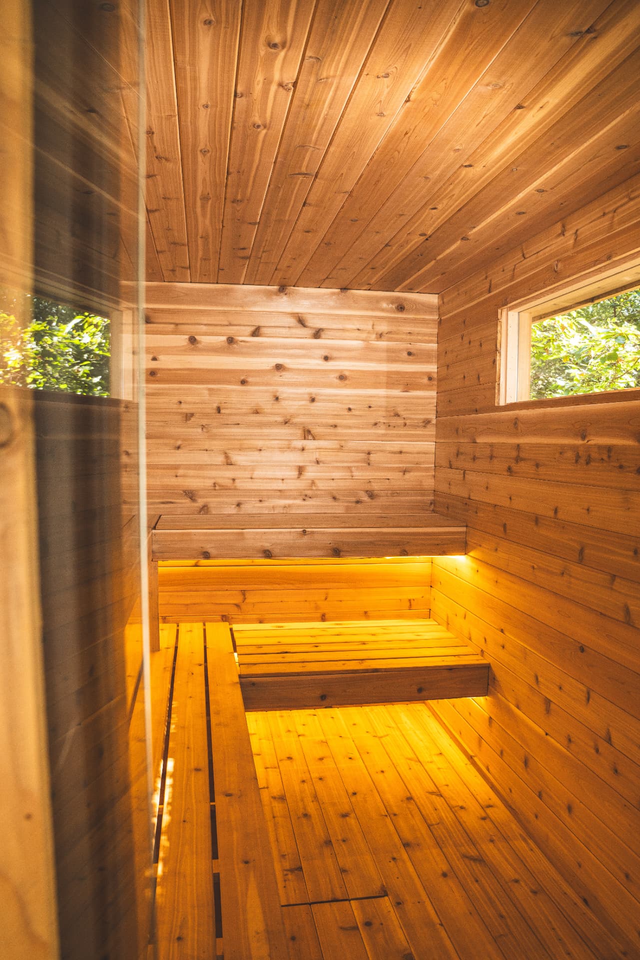 All-cedar sauna interior with two-tier benching and warm concealed light beneath the benches