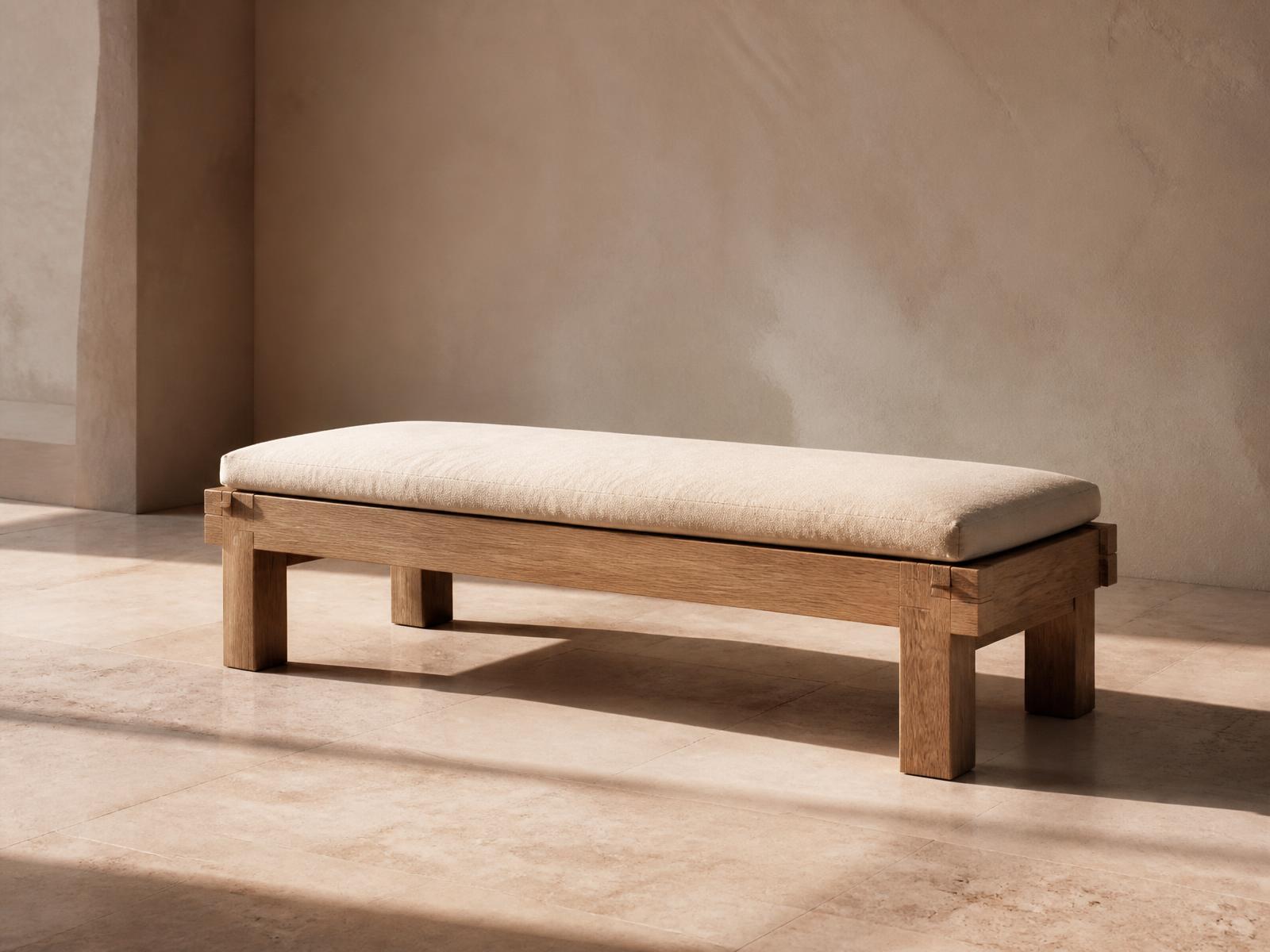 Low solid oak bench with a linen cushion standing alone in an empty limewash plaster room