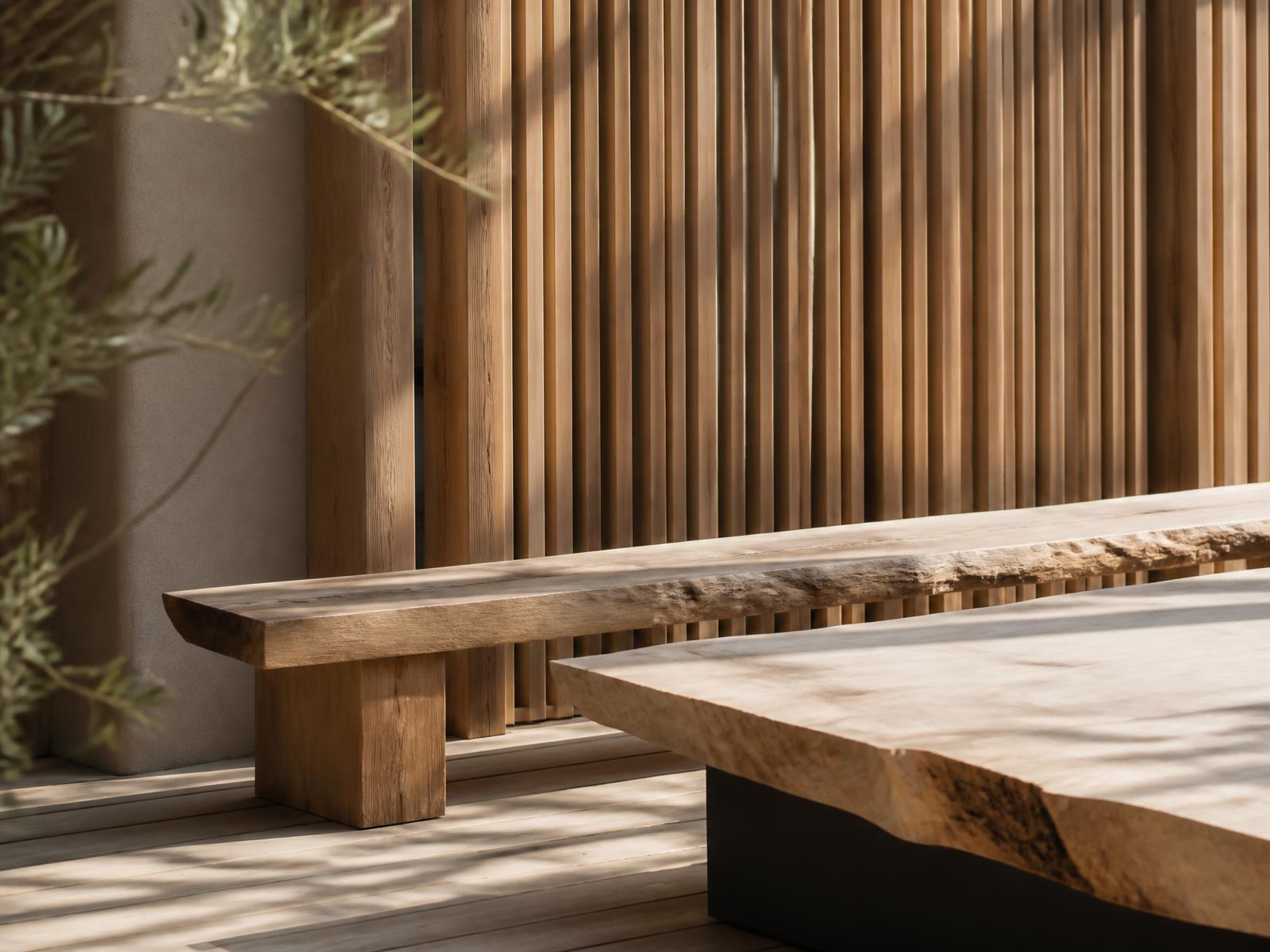 Live-edge timber bench and plank table on a wood deck against a cedar slat screen in warm daylight