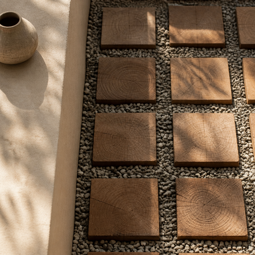 Square cedar wood blocks set in limestone gravel, warm afternoon light