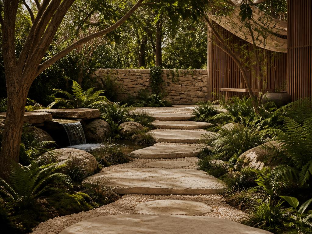 Flowing backyard walk with limestone, gravel, water, ferns, wood and stone fence