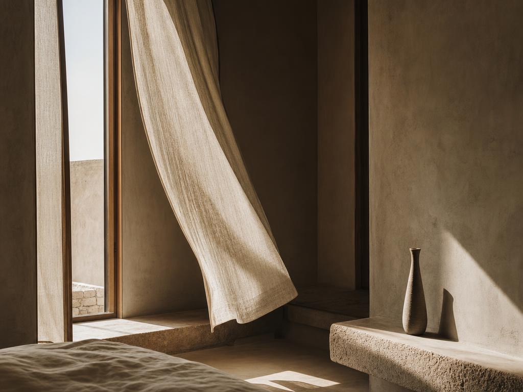 Sheer linen curtains lifting in a cross breeze through a tall window