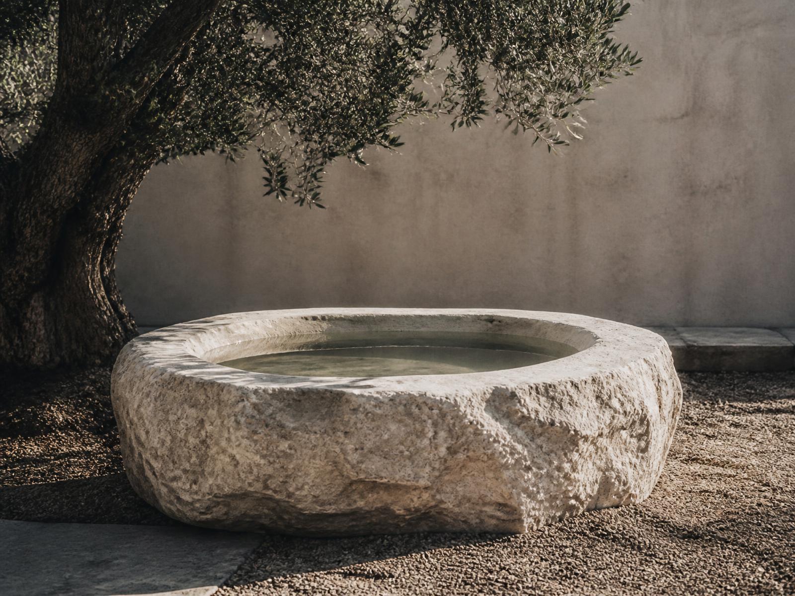 Hand-chiselled limestone cold plunge filled with still water beneath an olive tree on gravel
