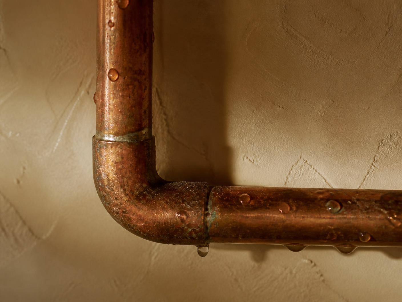 Close detail of a hand-formed copper pipe joint with living patina and water droplets